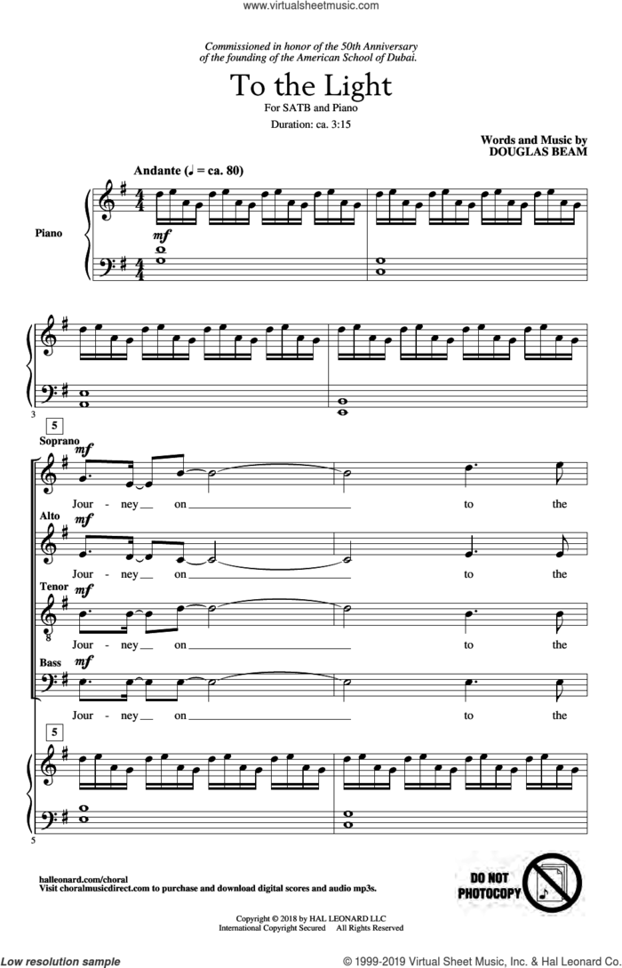 To The Light sheet music for choir (SATB: soprano, alto, tenor, bass) by Douglas Beam, intermediate skill level