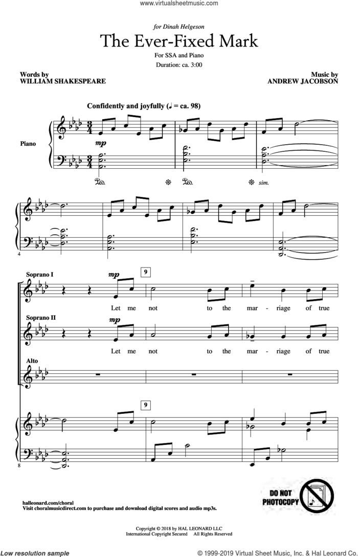 The Ever Fixed Mark sheet music for choir (SSA: soprano, alto) by William Shakespeare and Andrew Jacobson, intermediate skill level