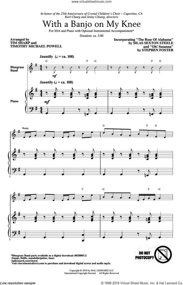 With A Banjo On My Knee sheet music for choir (SSA: soprano, alto) by Stephen Foster, Tim Sharp & Timothy Michael Powell and Silas Sexton Steele, intermediate skill level