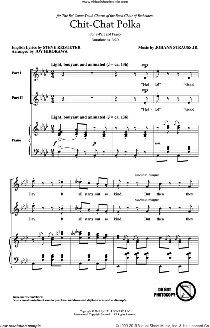 Chit-Chat Polka (arr. Joy Hirokawa) sheet music for choir (2-Part) by Johann Strauss, Jr., Joy Hirokawa and Steve Reisteter, intermediate duet