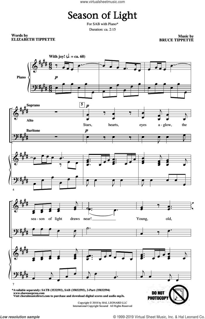 Season Of Light sheet music for choir (SAB: soprano, alto, bass) by Bruce Tippette & Elizabeth Tippette, intermediate skill level