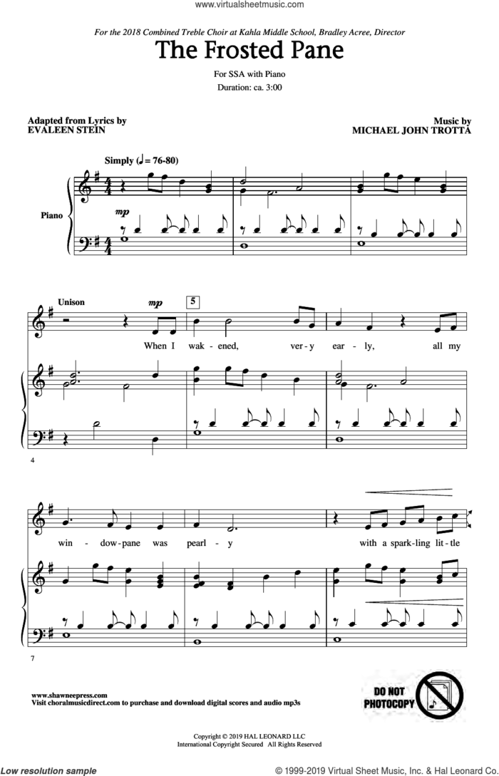 The Frosted Pane sheet music for choir (SSA: soprano, alto) by Michael John Trotta and Evaleen Stein, intermediate skill level