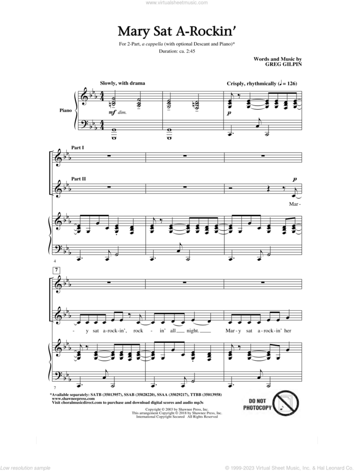 Mary Sat A-Rockin' sheet music for choir (2-Part) by Greg Gilpin, intermediate duet