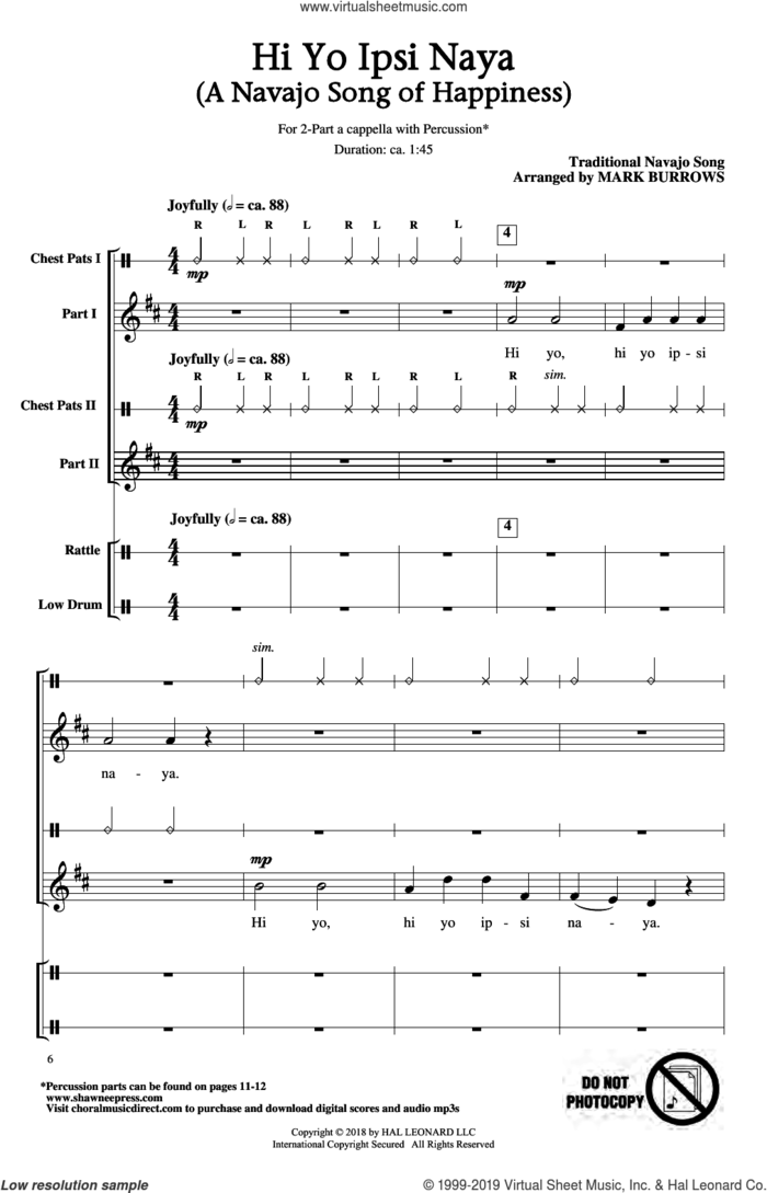 Hi Yo Ipsi Naya (arr. Mark Burrows) sheet music for choir (2-Part) by Traditional Navajo Song and Mark Burrows, intermediate duet