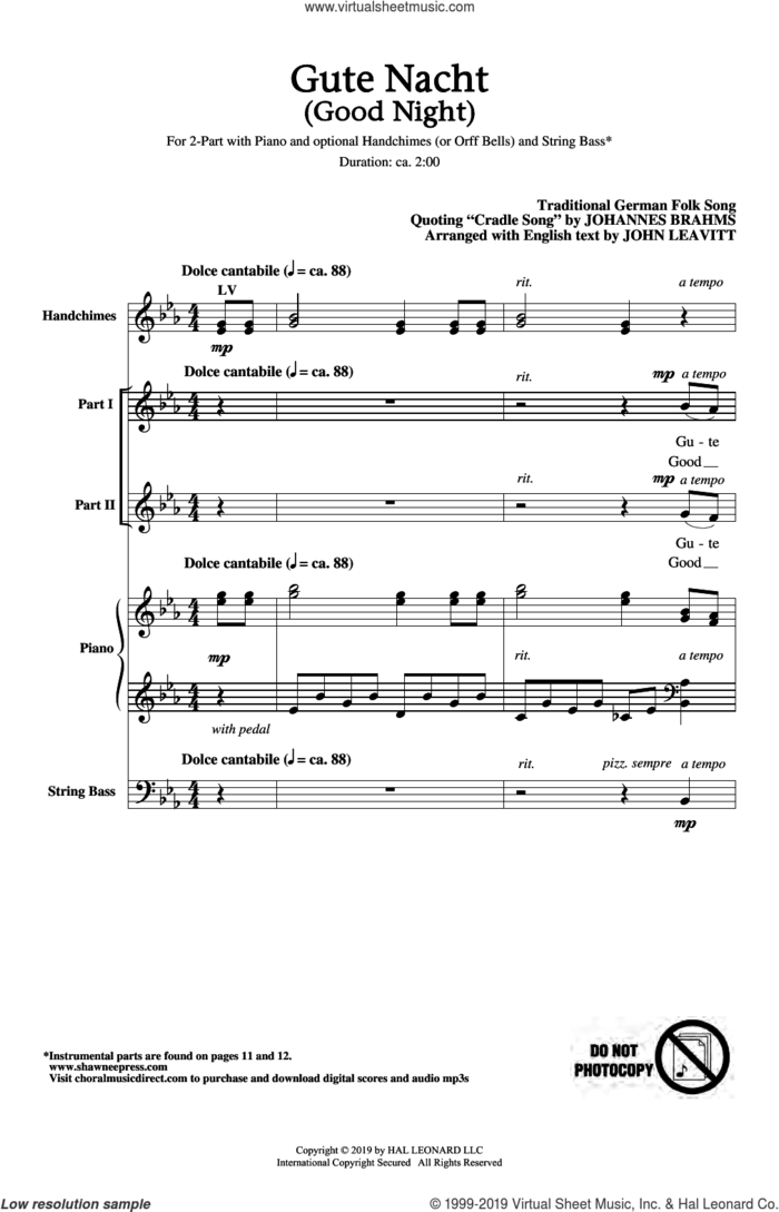 Gute Nacht (Good Night) (arr. John Leavitt) sheet music for choir (2-Part) by Johannes Brahms and John Leavitt, intermediate duet