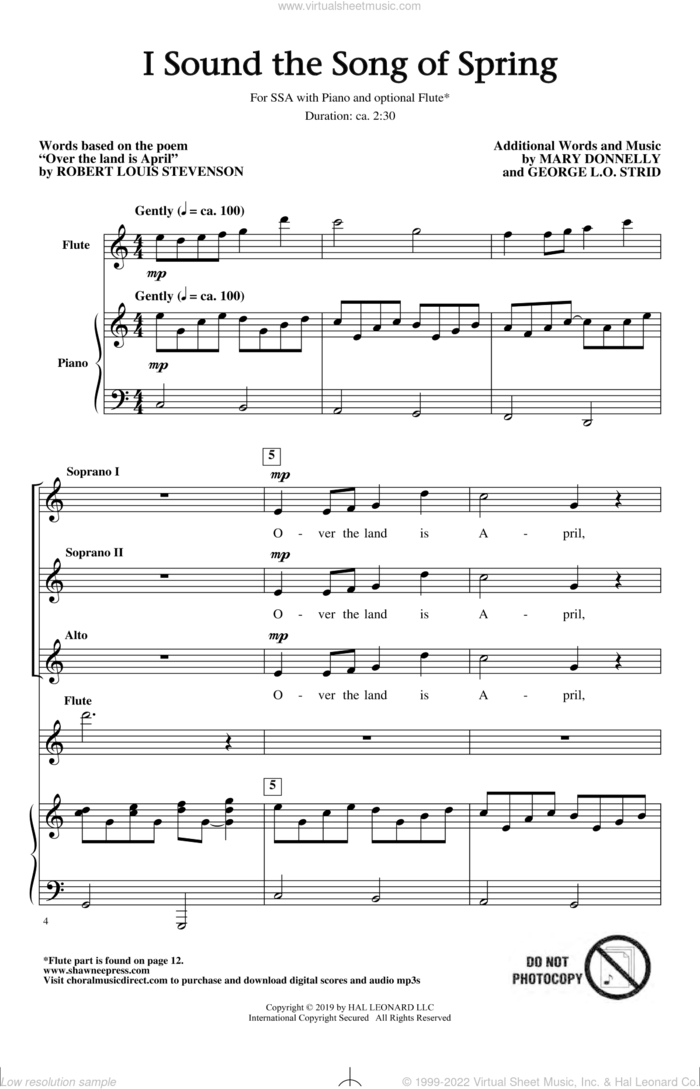 I Sound The Song Of Spring sheet music for choir (SSA: soprano, alto) by Mary Donnelly, Mary Donnelly & George L.O. Strid, George L.O. Strid and Robert Louis Stevenson, intermediate skill level