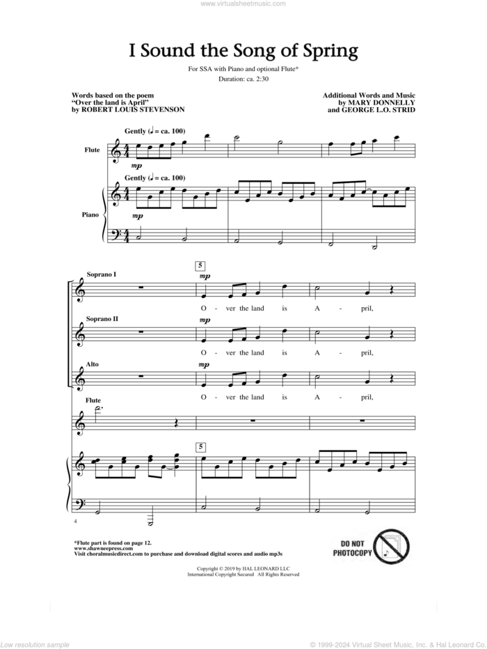 I Sound The Song Of Spring sheet music for choir (SSA: soprano, alto) by Mary Donnelly, Mary Donnelly & George L.O. Strid, George L.O. Strid and Robert Louis Stevenson, intermediate skill level