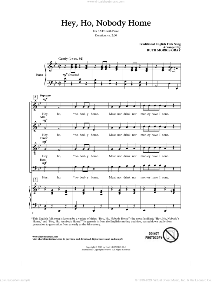 Hey Ho, Nobody Home (arr. Ruth Morris Gray) sheet music for choir (SATB: soprano, alto, tenor, bass) by Traditional English Folk Song and Ruth Morris Gray, intermediate skill level