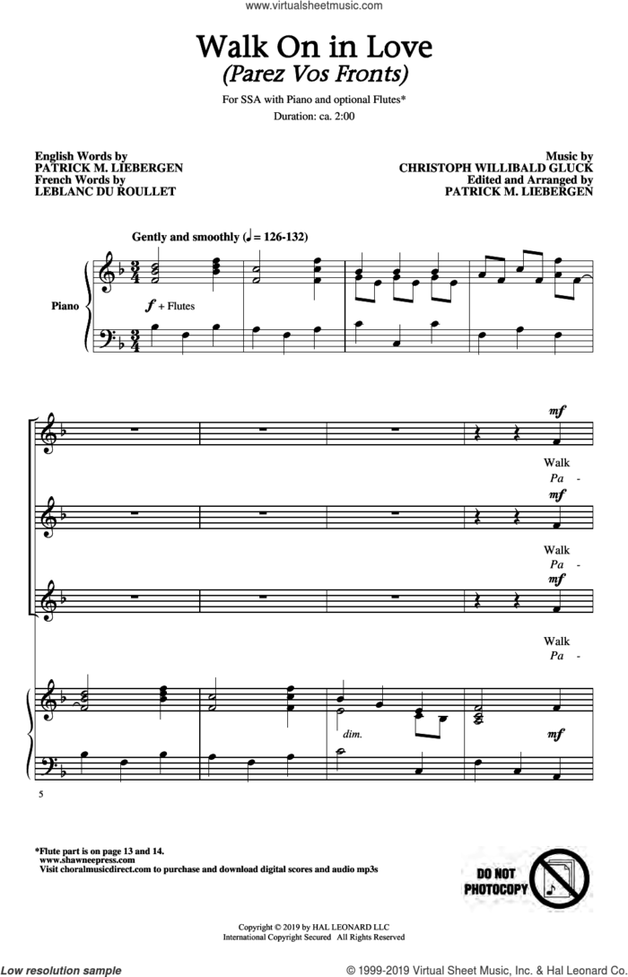Walk On In Love (Parez Vos Fronts) (arr. Patrick M. Liebergen) sheet music for choir (SSA: soprano, alto) by Christoph Willibald Gluck, Patrick Liebergen and Leblanc du Roullet, intermediate skill level