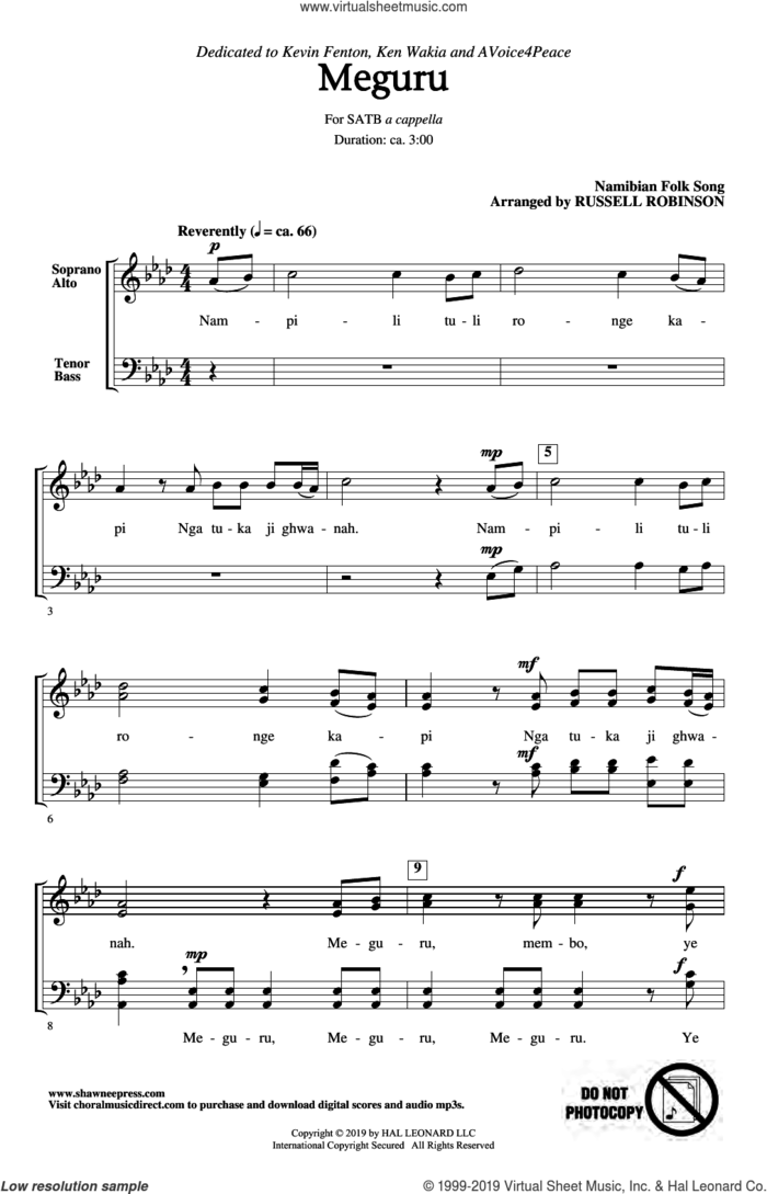 Meguru (arr. Russell Robinson) sheet music for choir (SATB: soprano, alto, tenor, bass) by Namibian Folk Song and Russell Robinson, intermediate skill level