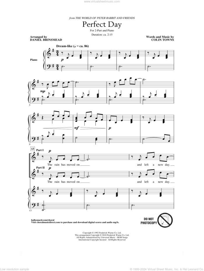 Perfect Day (Theme From The World Of Peter Rabbit And Friends) (arr. Daniel Brinsmead) sheet music for choir (2-Part) by Colin Towns and Daniel Brinsmead, intermediate duet