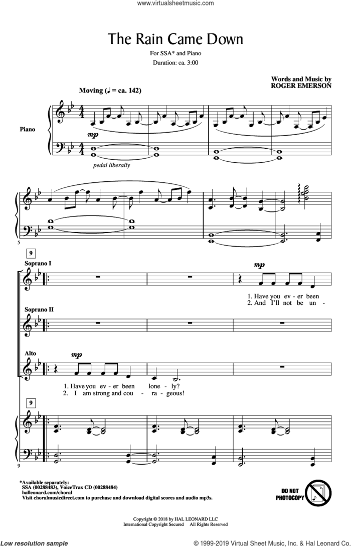 The Rain Came Down sheet music for choir (SSA: soprano, alto) by Roger Emerson, intermediate skill level