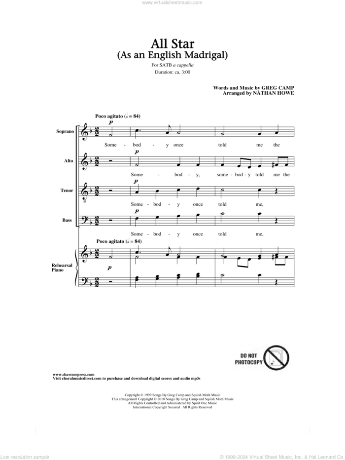 All Star (arr. Nathan Howe) sheet music for choir (SATB: soprano, alto, tenor, bass) by Greg Camp, Nathan Howe and Smash Mouth, intermediate skill level