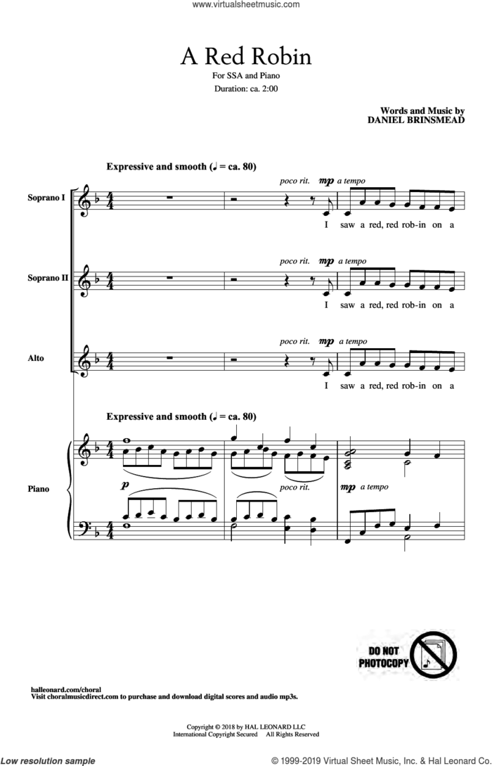 A Red Robin sheet music for choir (SSA: soprano, alto) by Daniel Brinsmead, intermediate skill level