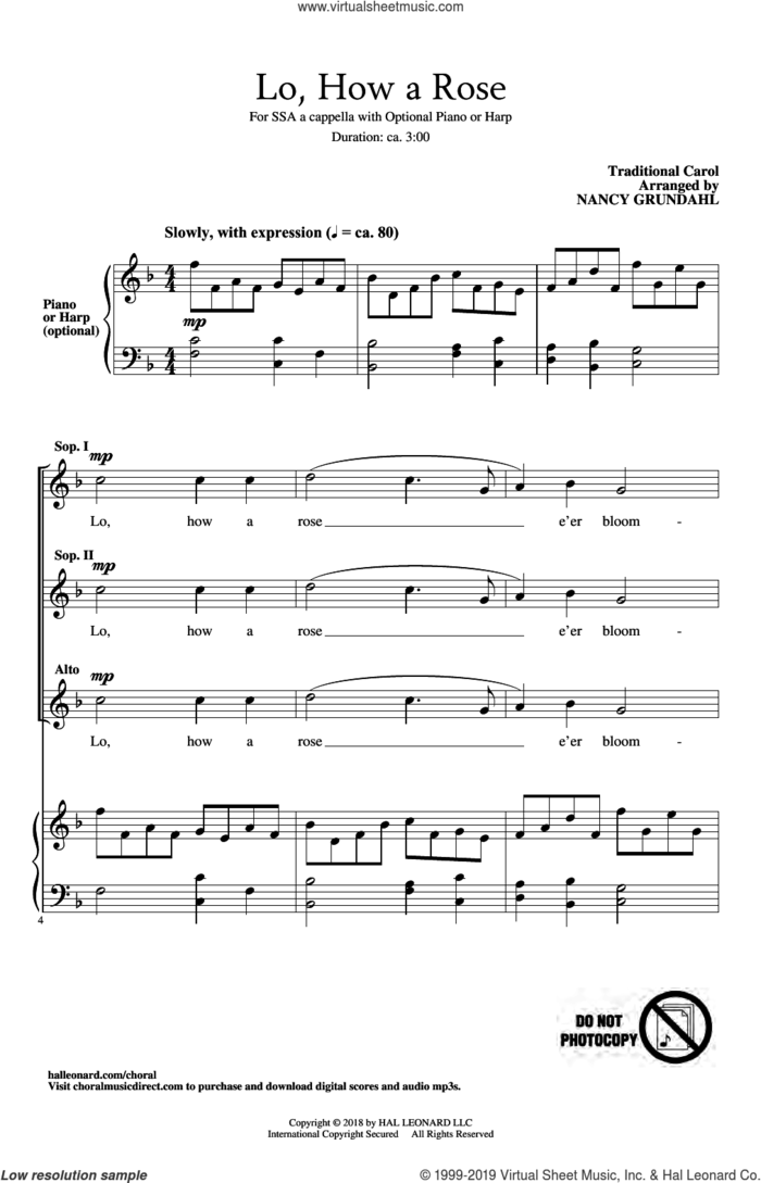 Lo, How A Rose (arr. Nancy Grundahl) sheet music for choir (SSA: soprano, alto)  and Nancy Grundahl, intermediate skill level