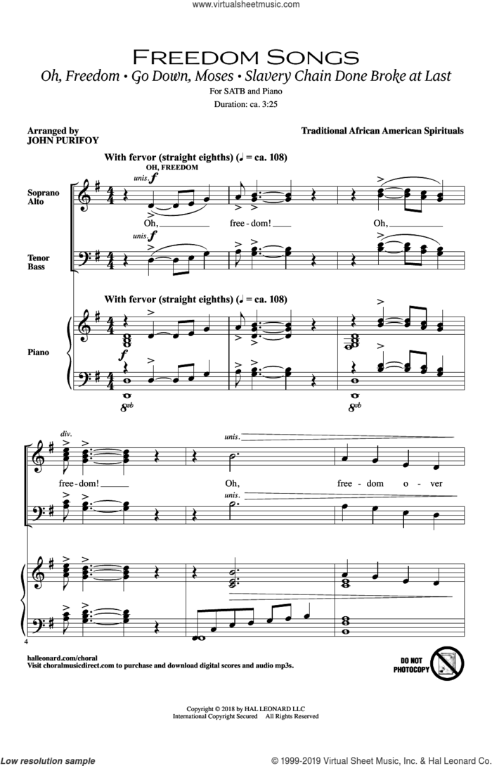 Freedom Songs sheet music for choir (SATB: soprano, alto, tenor, bass) by John Purifoy, classical score, intermediate skill level