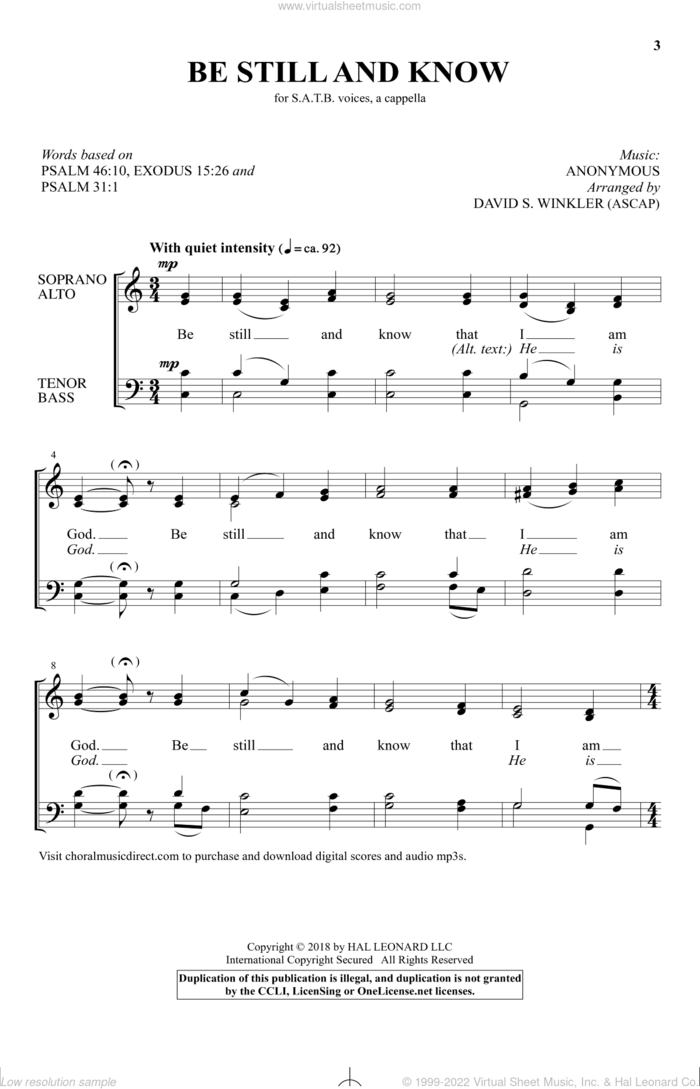 Almost A Cappella sheet music for choir (SATB: soprano, alto, tenor, bass) by David Winkler, David S. Winkler and Psalm 46:10, Exodus 15:26, intermediate skill level