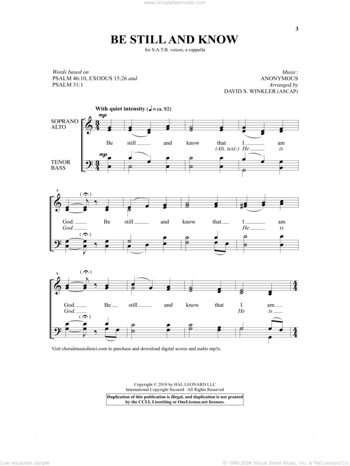 Almost A Cappella sheet music for choir (SATB: soprano, alto, tenor, bass) by David Winkler, David S. Winkler and Psalm 46:10, Exodus 15:26, intermediate skill level