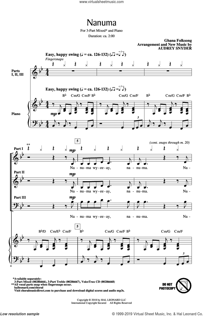 Nanuma sheet music for choir (3-Part Mixed) by Audrey Snyder and Ghana Folksong, intermediate skill level