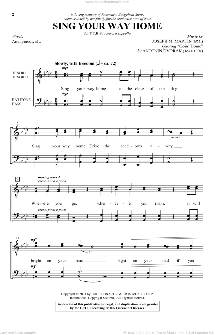 Sing Your Way Home sheet music for choir (TTBB: tenor, bass) by Joseph M. Martin and Antonin Dvorak and Antonin Dvorak, intermediate skill level