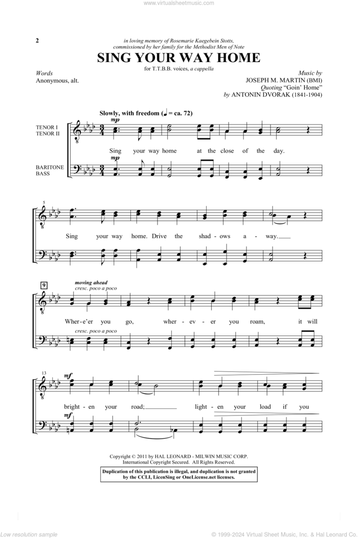 Sing Your Way Home sheet music for choir (TTBB: tenor, bass) by Joseph M. Martin and Antonin Dvorak and Antonin Dvorak, intermediate skill level