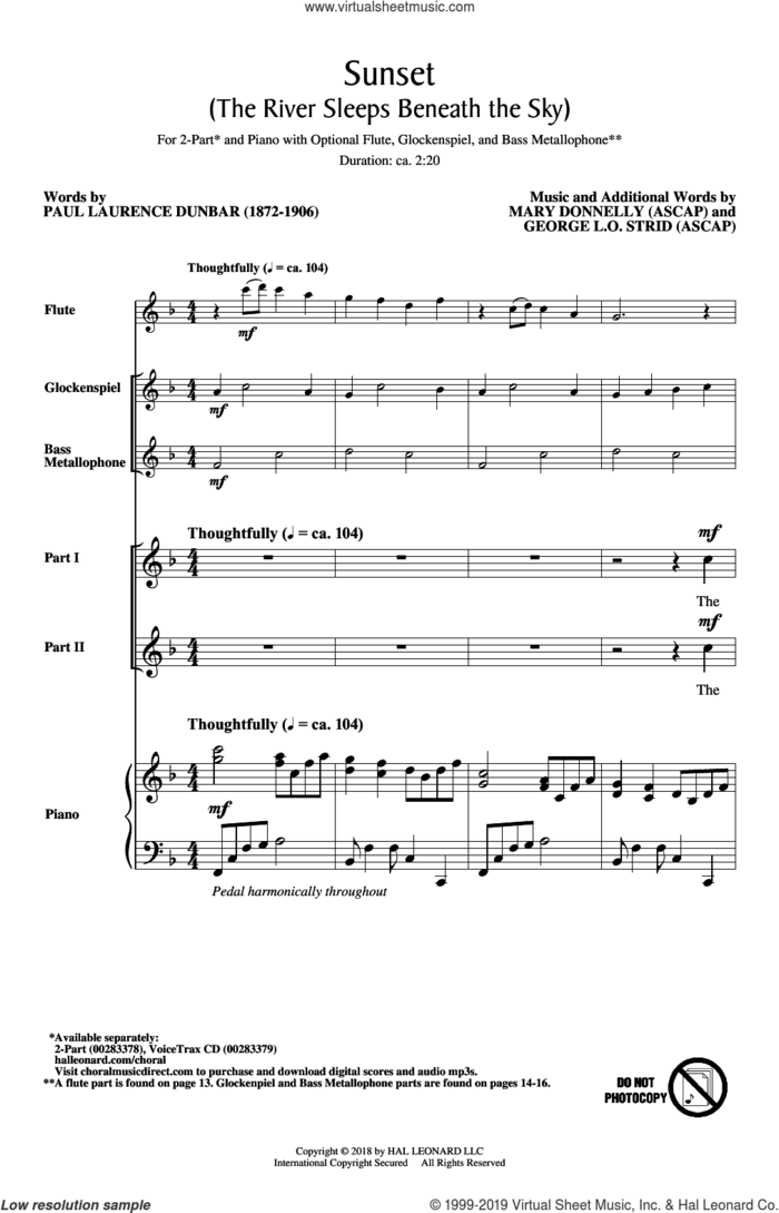 Sunset (The River Sleeps Beneath The Sky) sheet music for choir (2-Part) by Mary Donnelly, Paul Laurence Dunbar and George L.O. Strid, intermediate duet