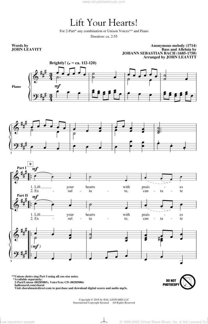 Lift Your Hearts! (arr. John Leavitt) sheet music for choir (2-Part) by Johann Sebastian Bach and John Leavitt, classical score, intermediate duet