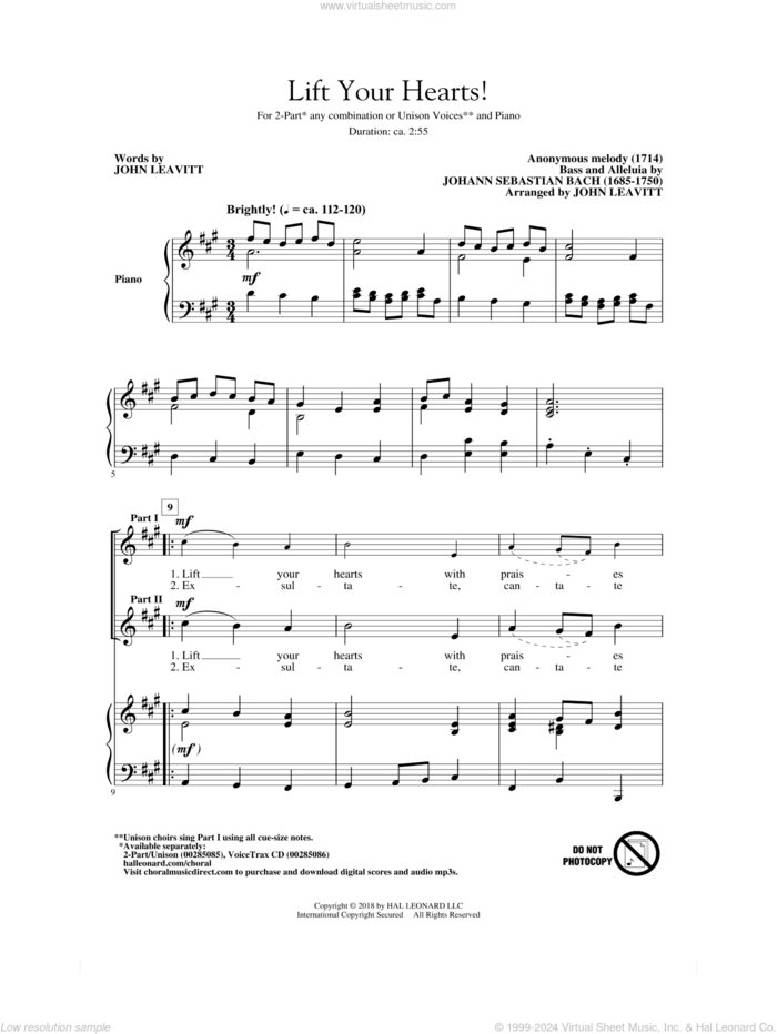 Lift Your Hearts! (arr. John Leavitt) sheet music for choir (2-Part) by Johann Sebastian Bach and John Leavitt, classical score, intermediate duet