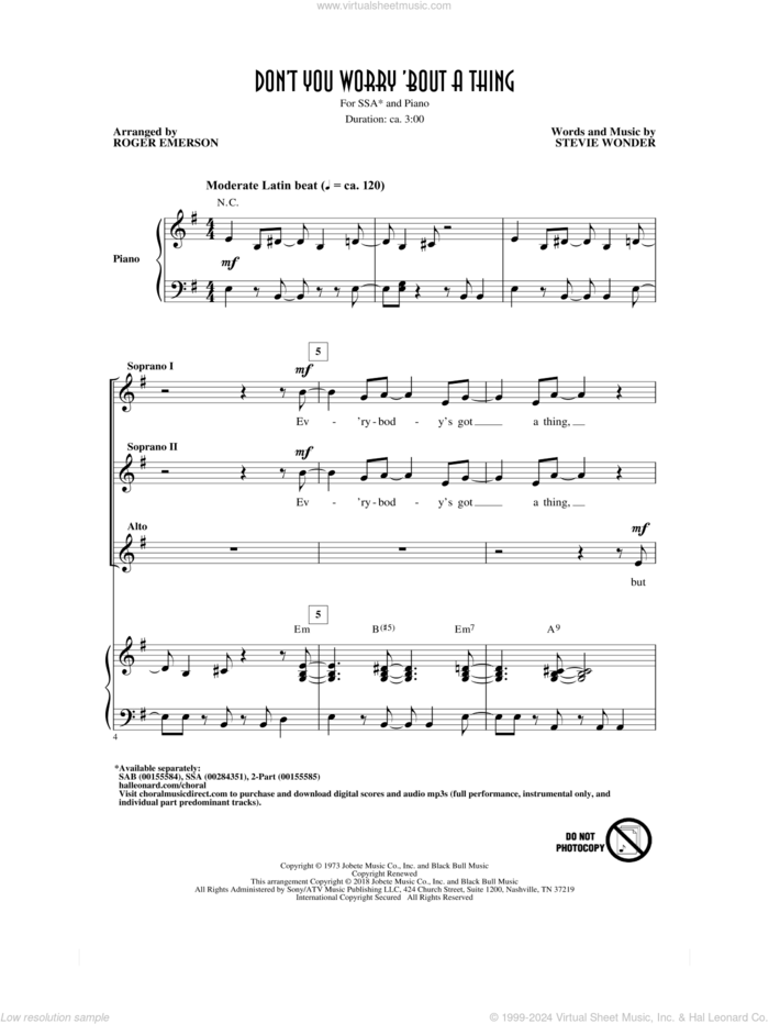 Don't You Worry 'Bout A Thing (arr. Roger Emerson) sheet music for choir (SSA: soprano, alto) by Stevie Wonder and Roger Emerson, intermediate skill level