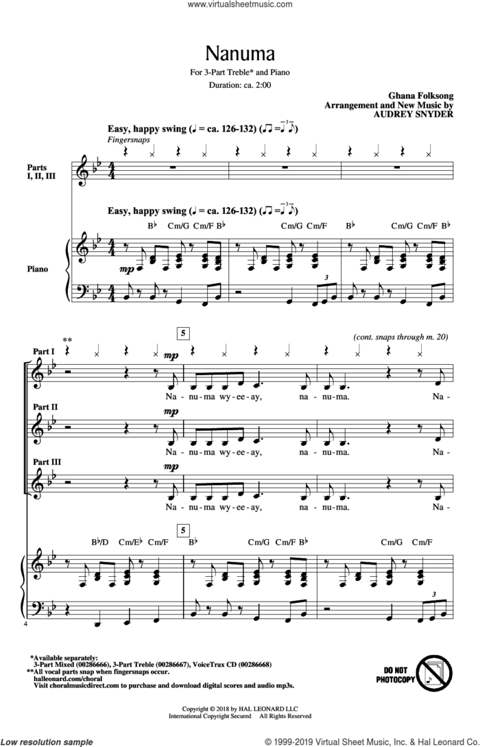 Nanuma sheet music for choir (3-Part Treble) by Audrey Snyder and Ghana Folksong, intermediate skill level