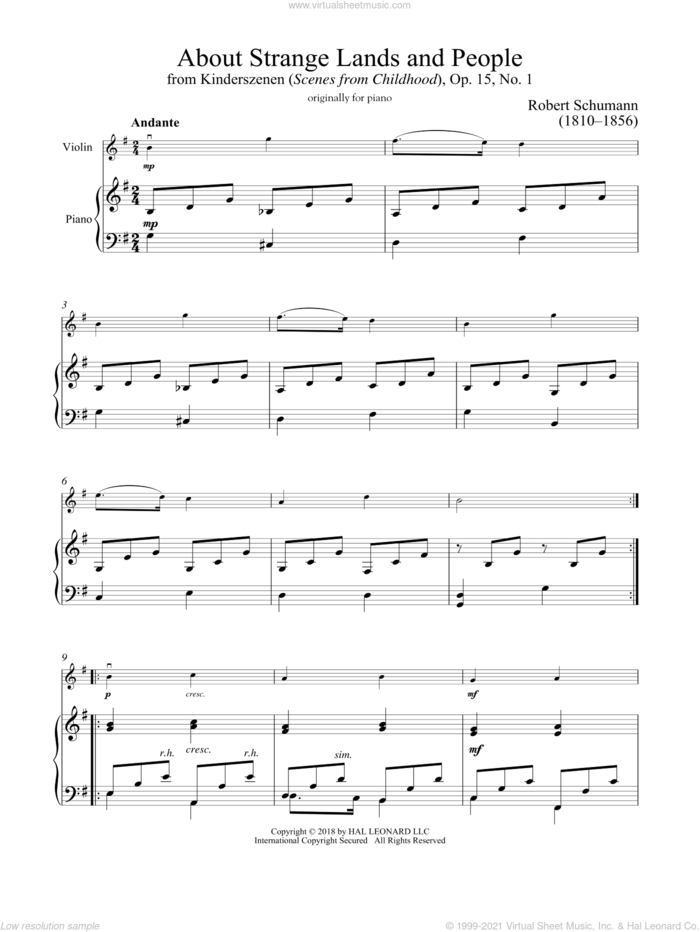 Of Strange Lands And People, Op. 15, No. 1 sheet music for violin and piano by Robert Schumann, classical score, intermediate skill level