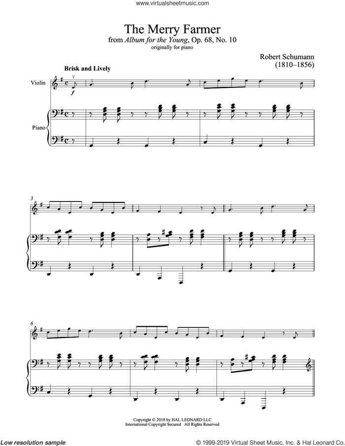 The Happy Farmer sheet music for violin and piano by Robert Schumann, classical score, intermediate skill level