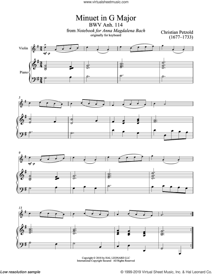 Minuet In G Major, BWV Anh. 114 sheet music for violin and piano by Christian Petzold, classical score, intermediate skill level
