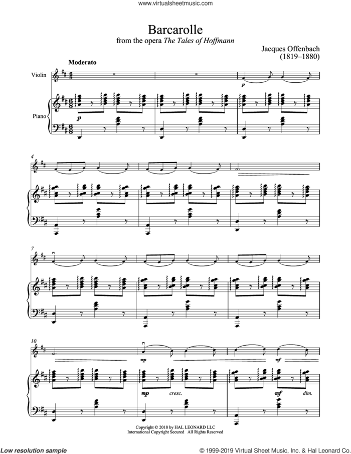 Barcarolle sheet music for violin and piano by Jacques Offenbach, classical score, intermediate skill level