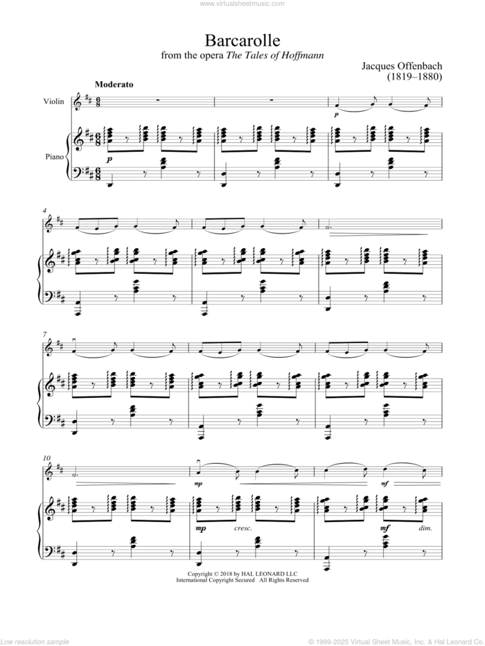 Barcarolle sheet music for violin and piano by Jacques Offenbach, classical score, intermediate skill level