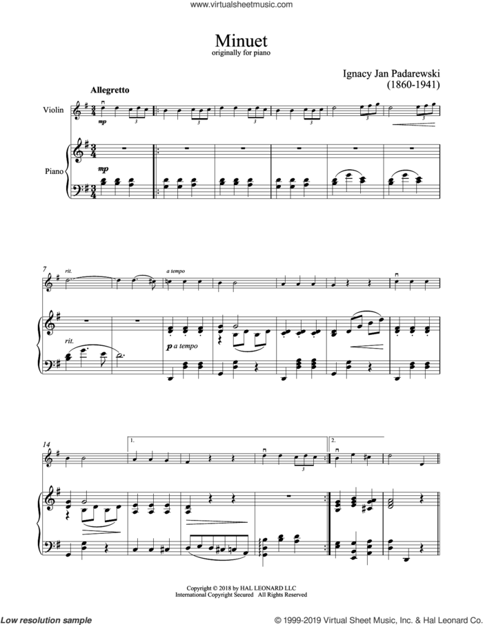 Minuet In G sheet music for violin and piano by Ignacy Jan Padarewski, classical score, intermediate skill level