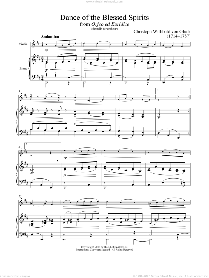 Dance Of The Spirits sheet music for violin and piano by Christoph Willibald Gluck, classical score, intermediate skill level