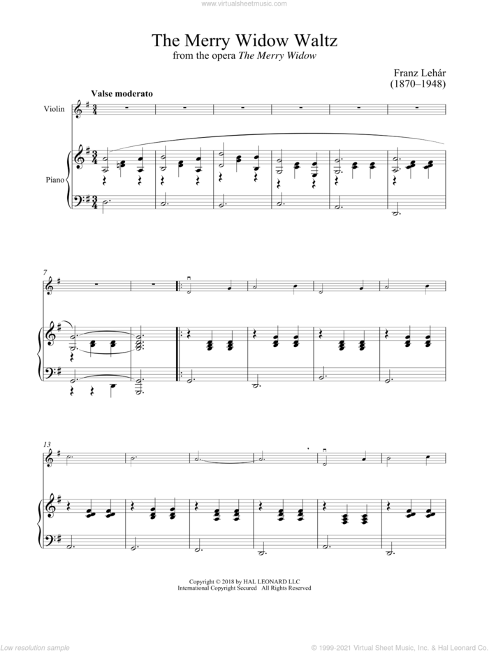 The Merry Widow Waltz sheet music for violin and piano by Franz Lehar, intermediate skill level