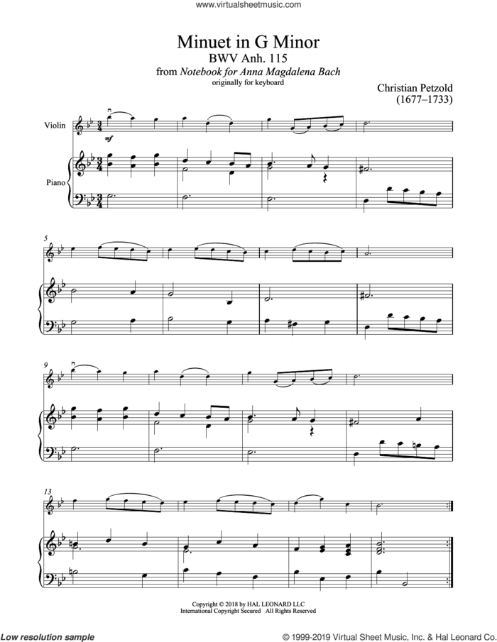 Minuet In G Minor, BWV Anh. 115 sheet music for violin and piano by Christian Petzold, classical score, intermediate skill level