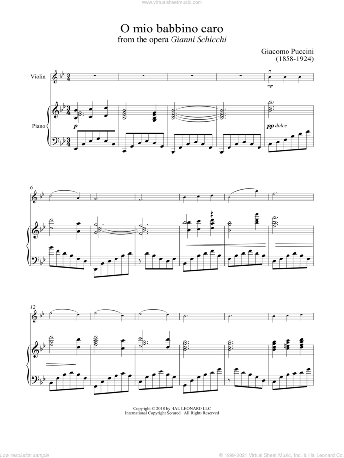 O Mio Babbino Caro sheet music for violin and piano by Giacomo Puccini, classical score, intermediate skill level