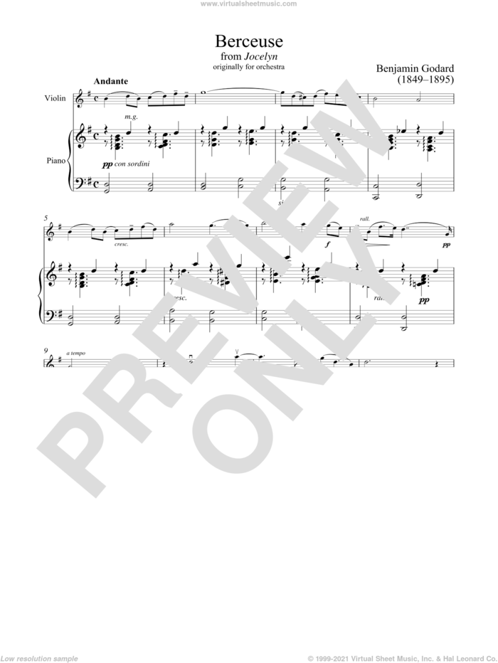 Berceuse sheet music for violin and piano by Benjamin Godard, classical score, intermediate skill level