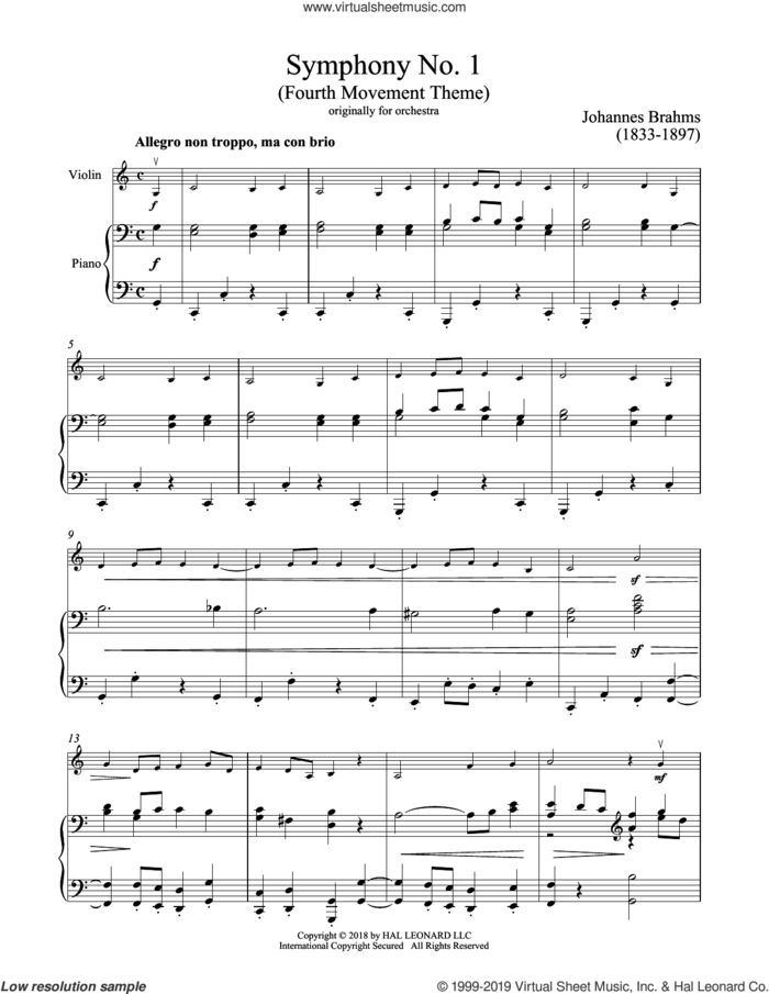 Symphony No. 1 In C Minor, Fourth Movement Excerpt sheet music for violin and piano by Johannes Brahms, classical score, intermediate skill level