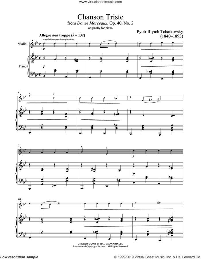 Chanson Triste, Op. 40, No. 2 sheet music for violin and piano by Pyotr Ilyich Tchaikovsky, classical score, intermediate skill level
