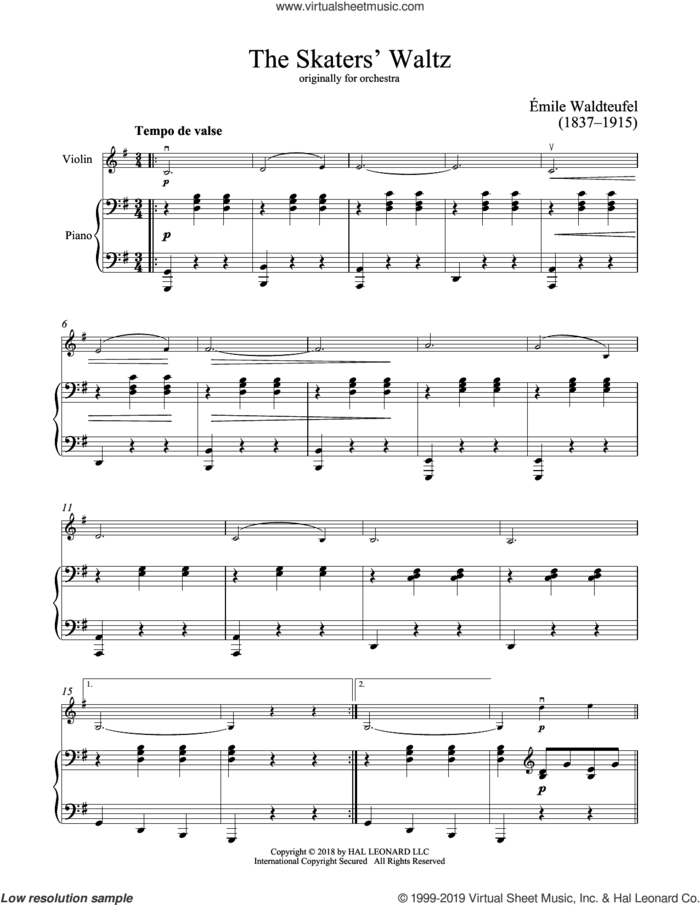 The Skaters Waltz sheet music for violin and piano by Emile Waldteufel, classical score, intermediate skill level
