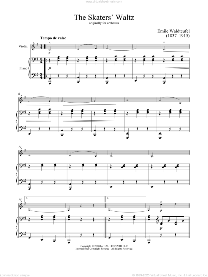 The Skaters Waltz sheet music for violin and piano by Emile Waldteufel, classical score, intermediate skill level