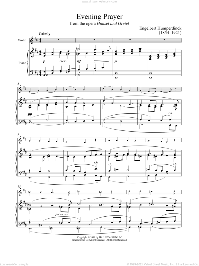Evening Prayer sheet music for violin and piano by Engelbert Humperdinck, intermediate skill level