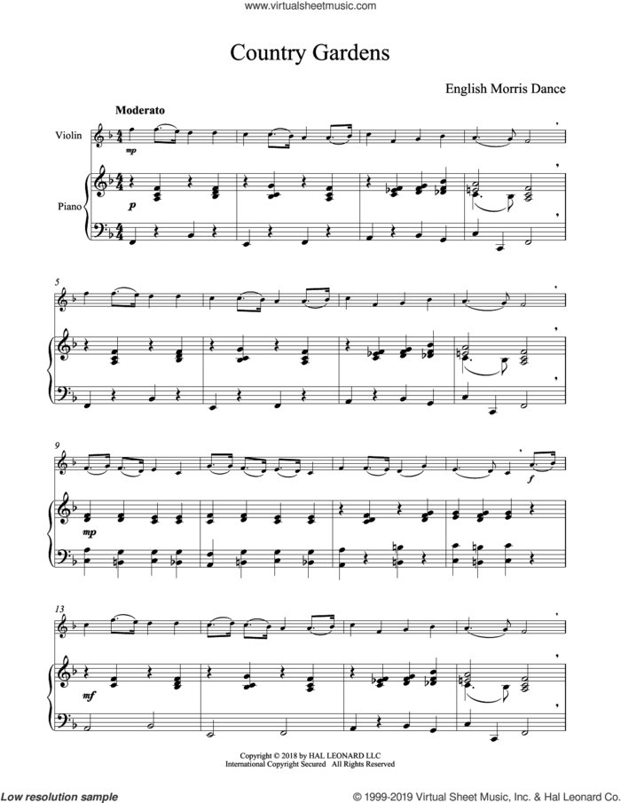 Country Gardens sheet music for violin and piano, classical score, intermediate skill level