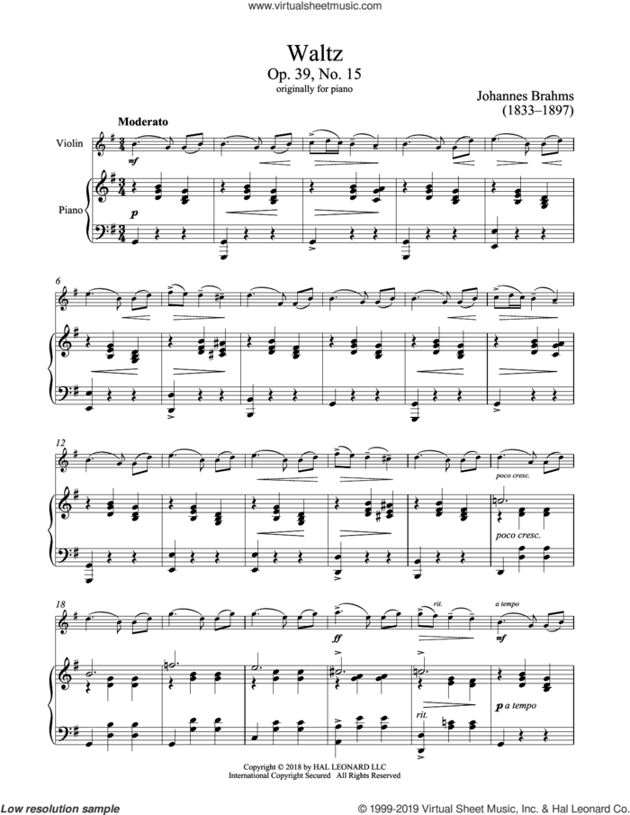 Waltz In A-Flat Major, Op. 39, No. 15 sheet music for violin and piano by Johannes Brahms, classical score, intermediate skill level