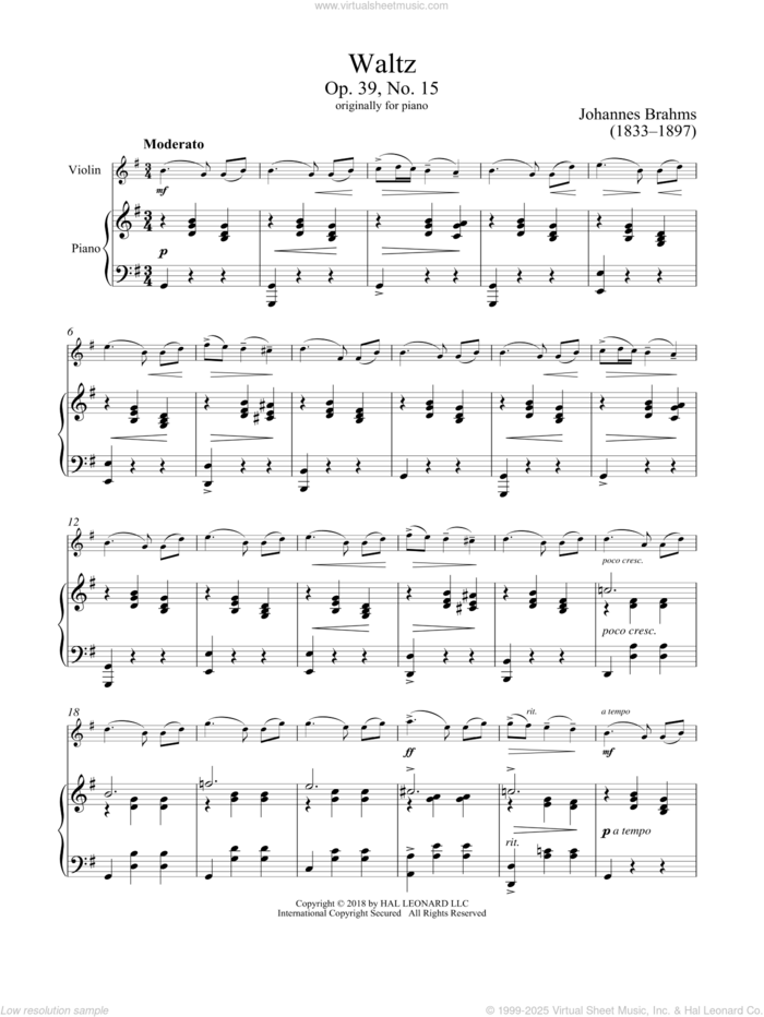 Waltz In A-Flat Major, Op. 39, No. 15 sheet music for violin and piano by Johannes Brahms, classical score, intermediate skill level