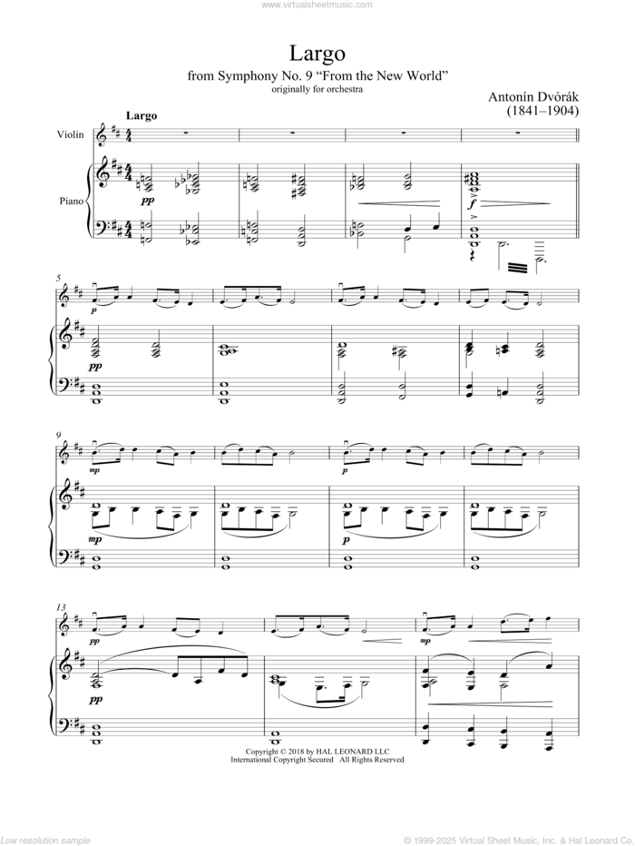 Largo From Symphony No. 9 ('New World') sheet music for violin and piano by Antonin Dvorak and Antonin Dvorak, classical score, intermediate skill level